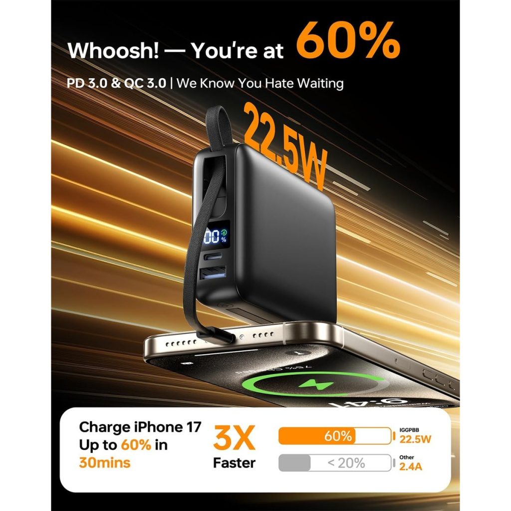 Fast-Charging Power Bank with Built-In Cables