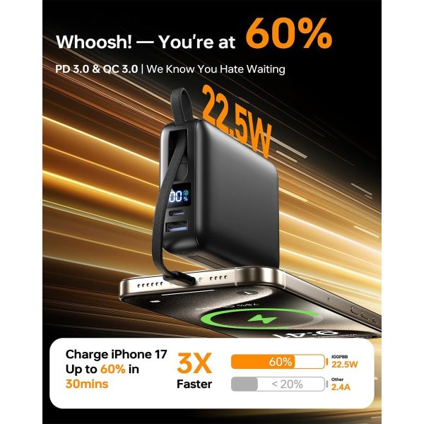 Fast-Charging Power Bank with Built-In Cables